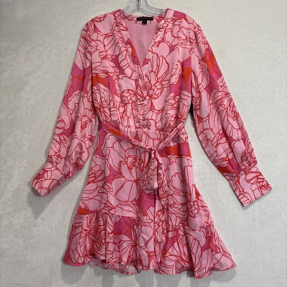 Boston Proper Blooming Outlines Print Button Up Ruffle Flounce Dress Pink 14 NWT - Picture 1 of 16